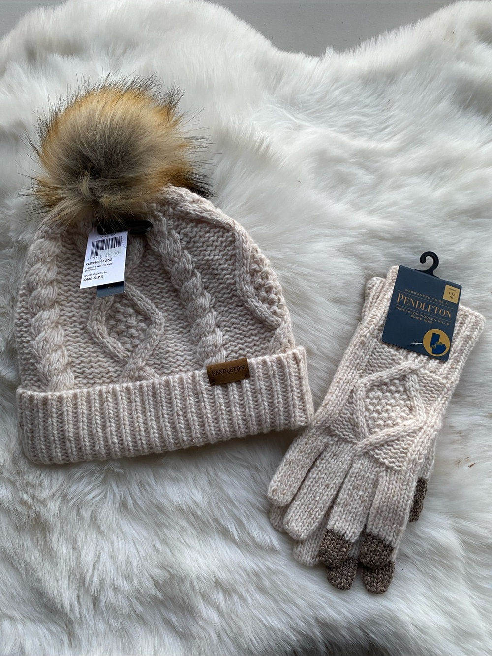 Pendleton Cream Cable-Knit Beanie with Faux Fur Pom & Matching Gloves